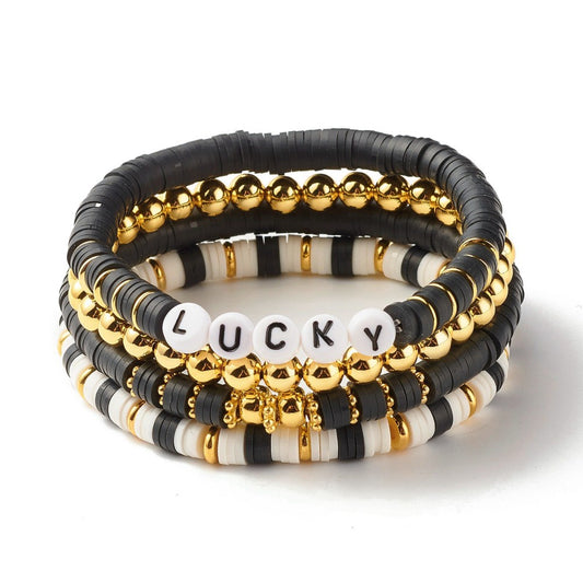 Stack of 4 Beaded Black and Gold Boho Bracelets for Women - Lucky