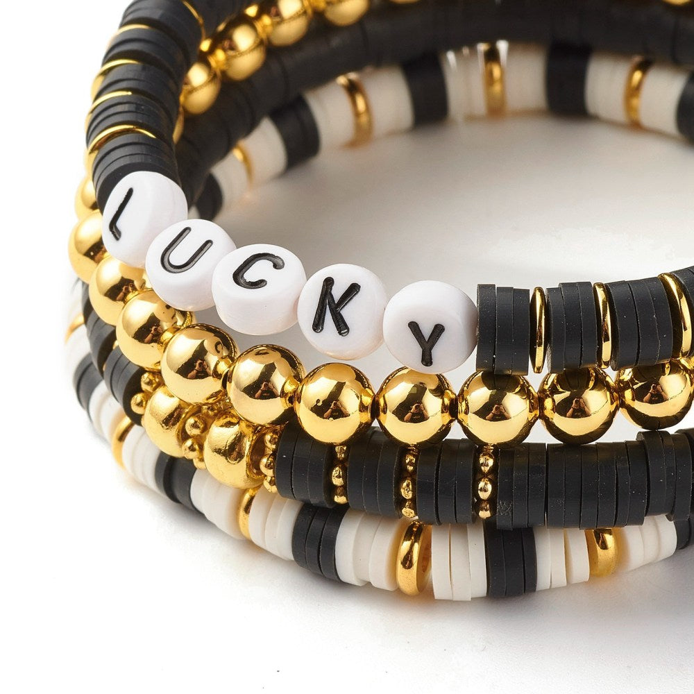 Stack of 4 Beaded Black and Gold Boho Bracelets for Women - Lucky