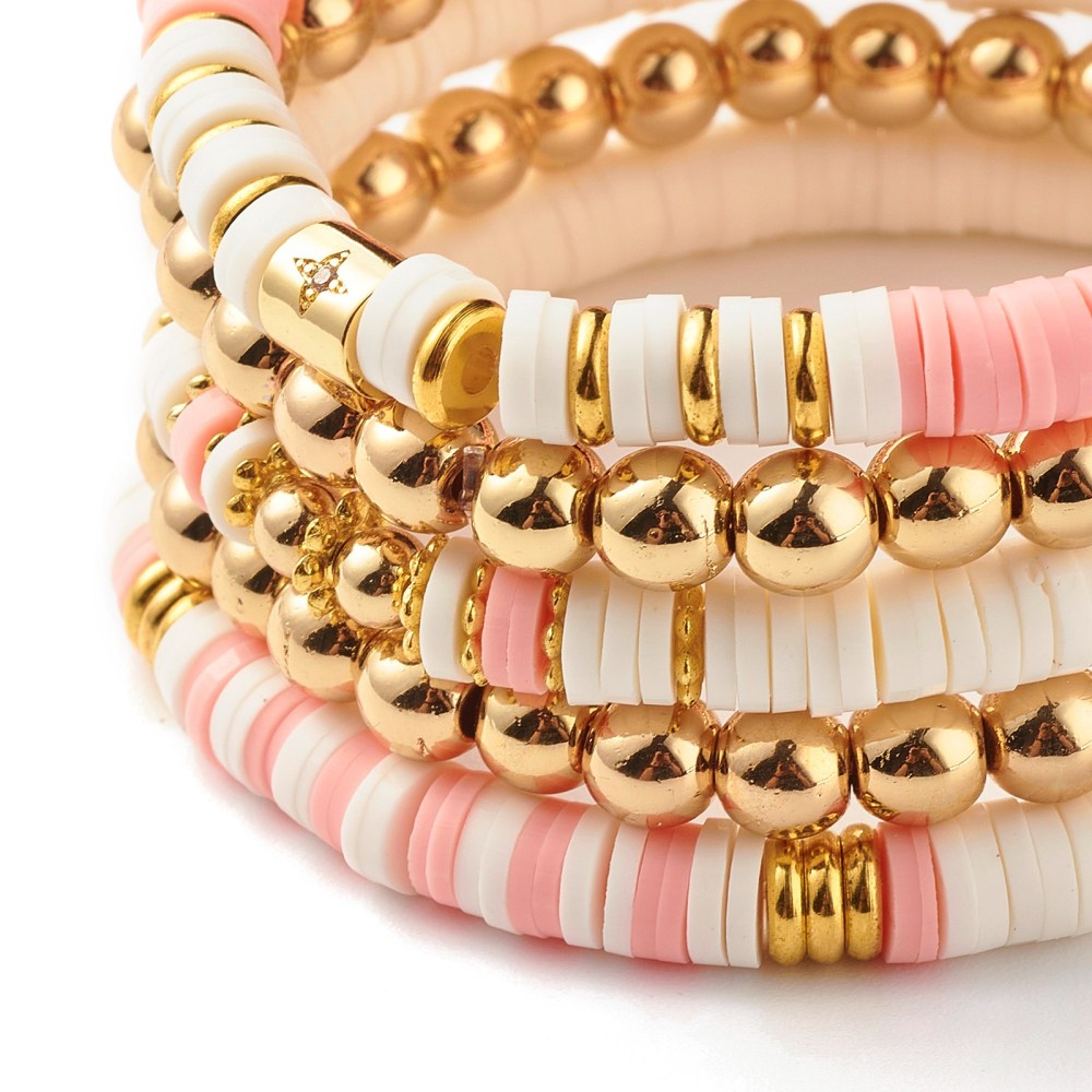 Pink and White Beaded Stretch Bracelets for Women - Stack of 5 Bracelets