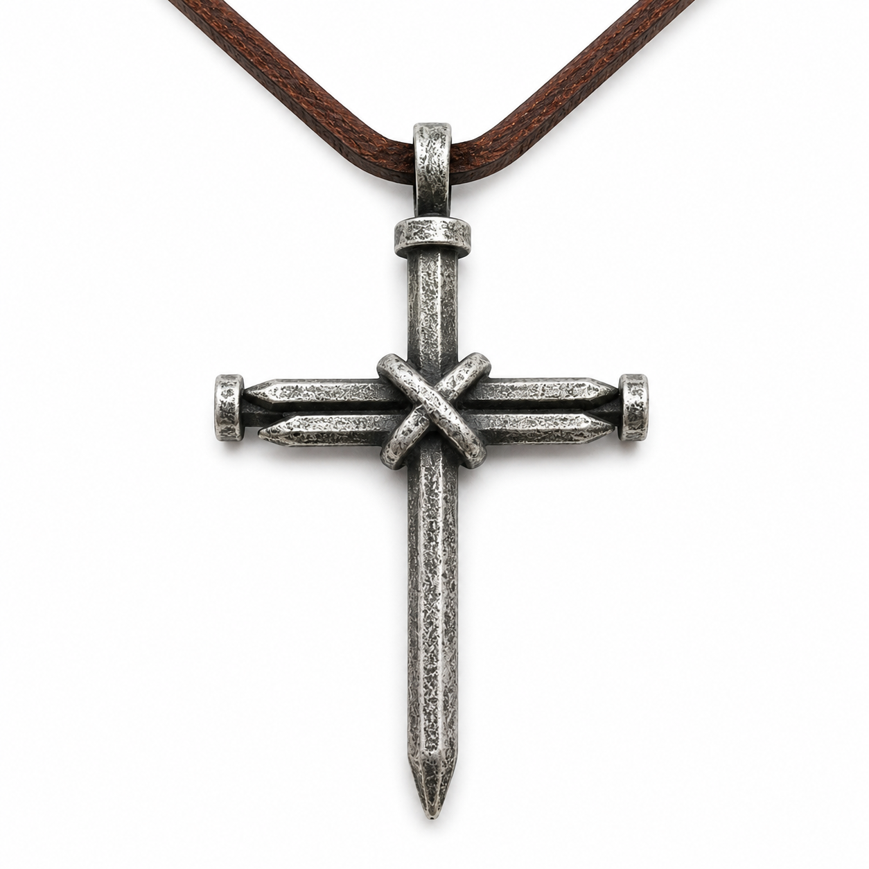 3 Nail Cross Necklace for Men, Handmade Christian Pendant on Brown Leather Cord