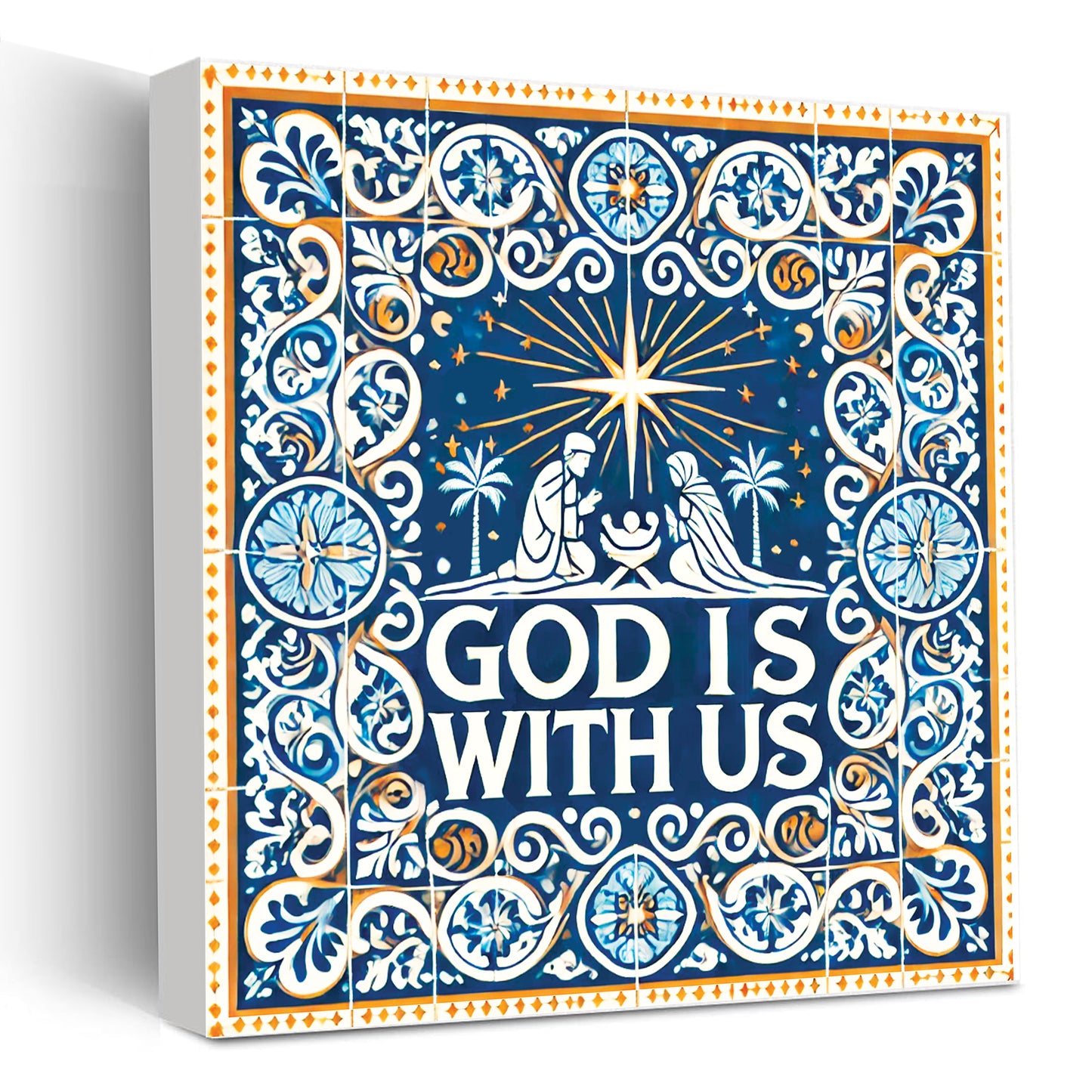 God is with us (Matt. 1:23) - Azulejos Inspired Wooden Block With Bible Verse - Christmas Home Decor