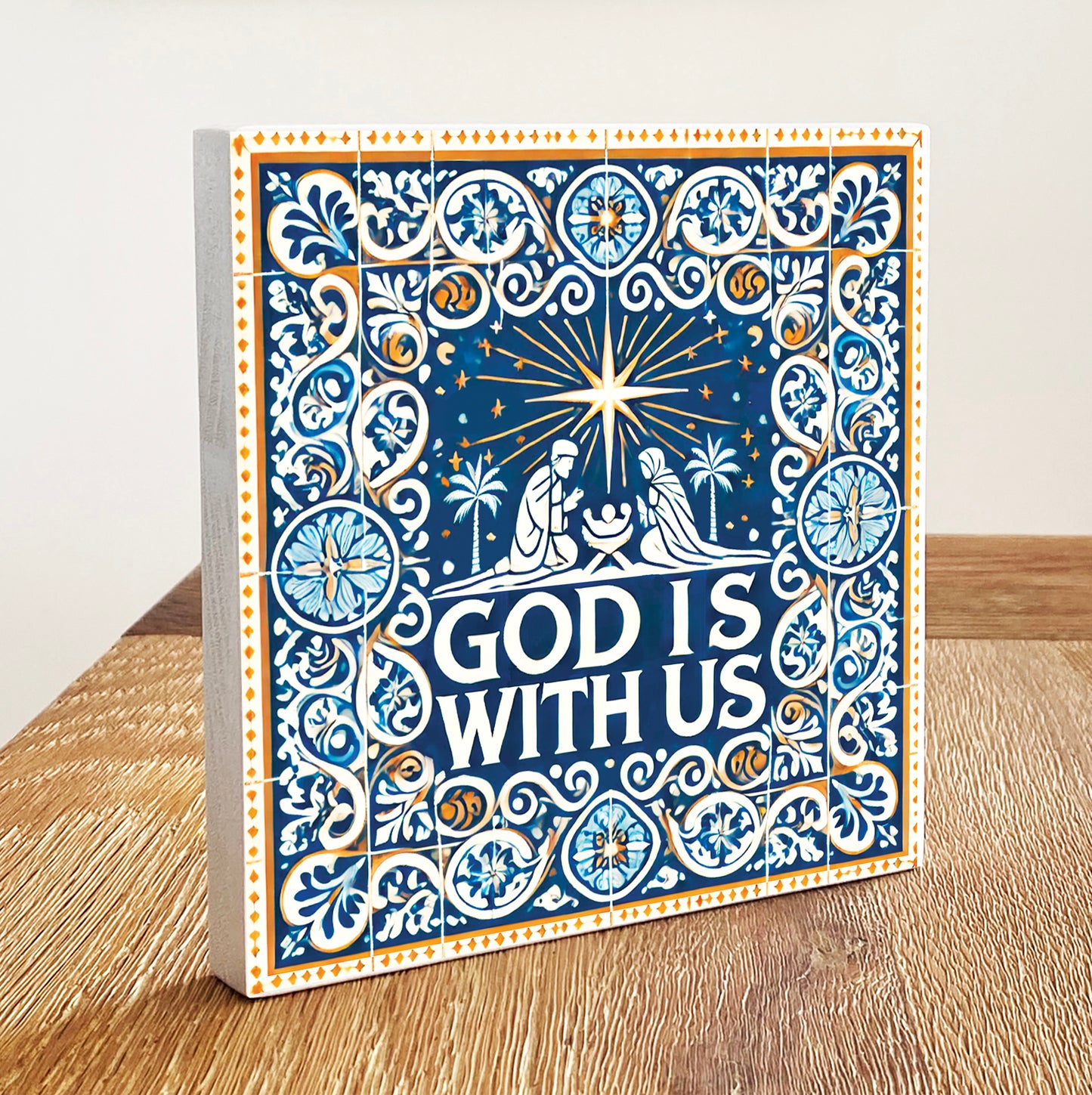God is with us (Matt. 1:23) - Azulejos Inspired Wooden Block With Bible Verse - Christmas Home Decor