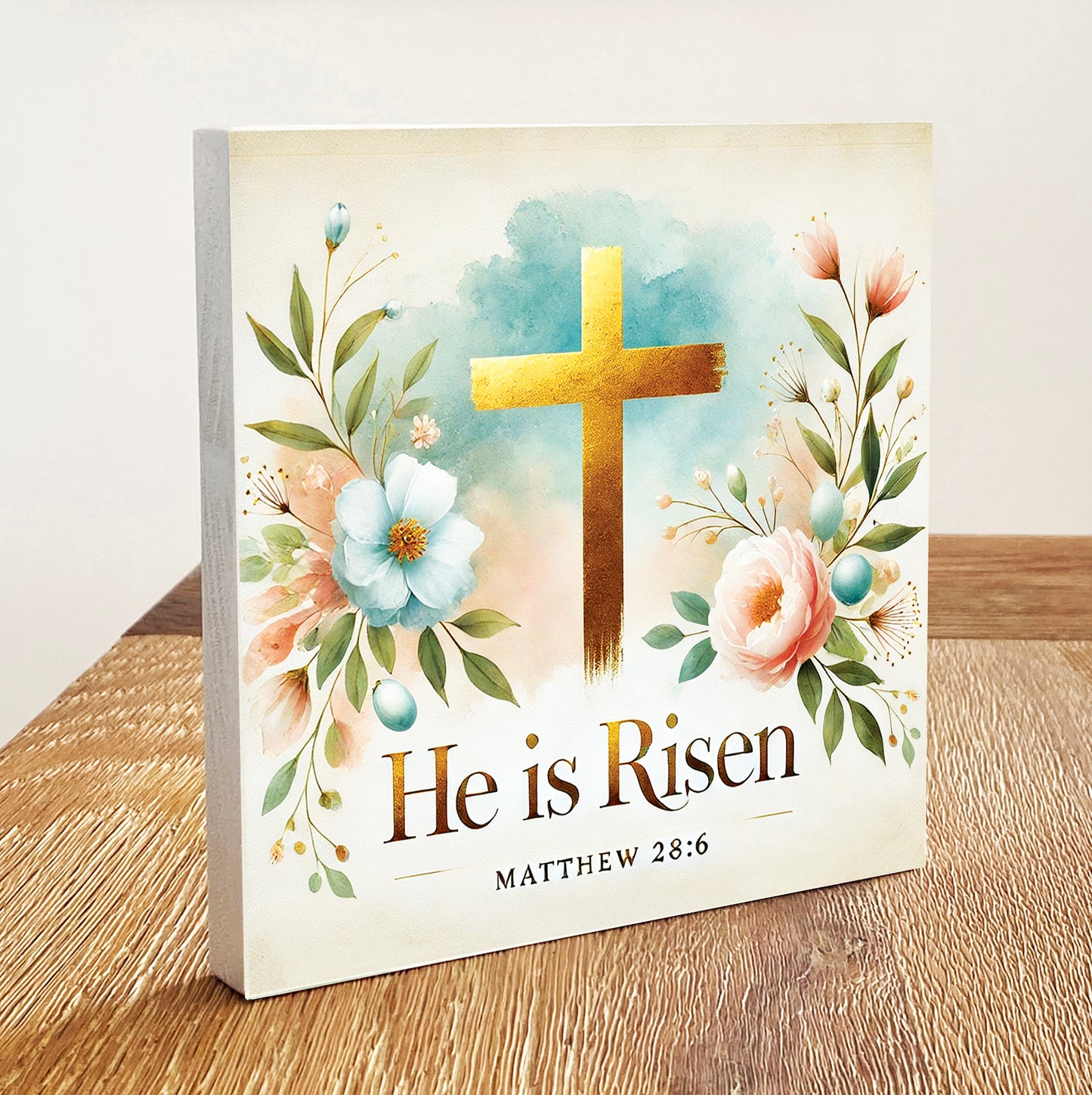 He Is Risen Sign Matthew 28:6 – Christian Easter Decor | Floral Scripture Wood Sign