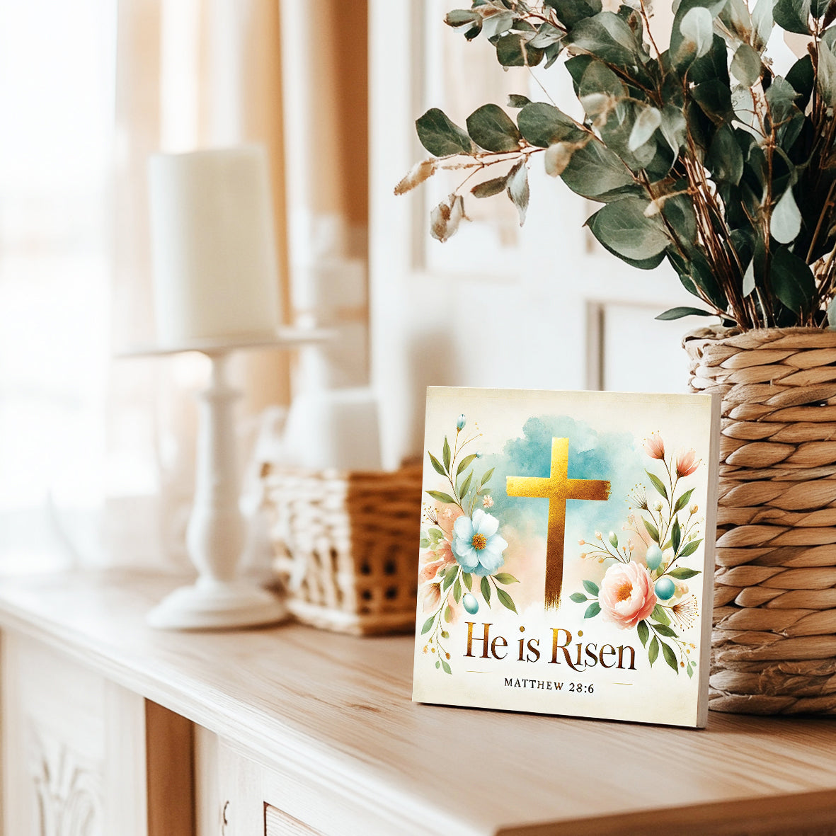 He Is Risen Sign Matthew 28:6 – Christian Easter Decor | Floral Scripture Wood Sign