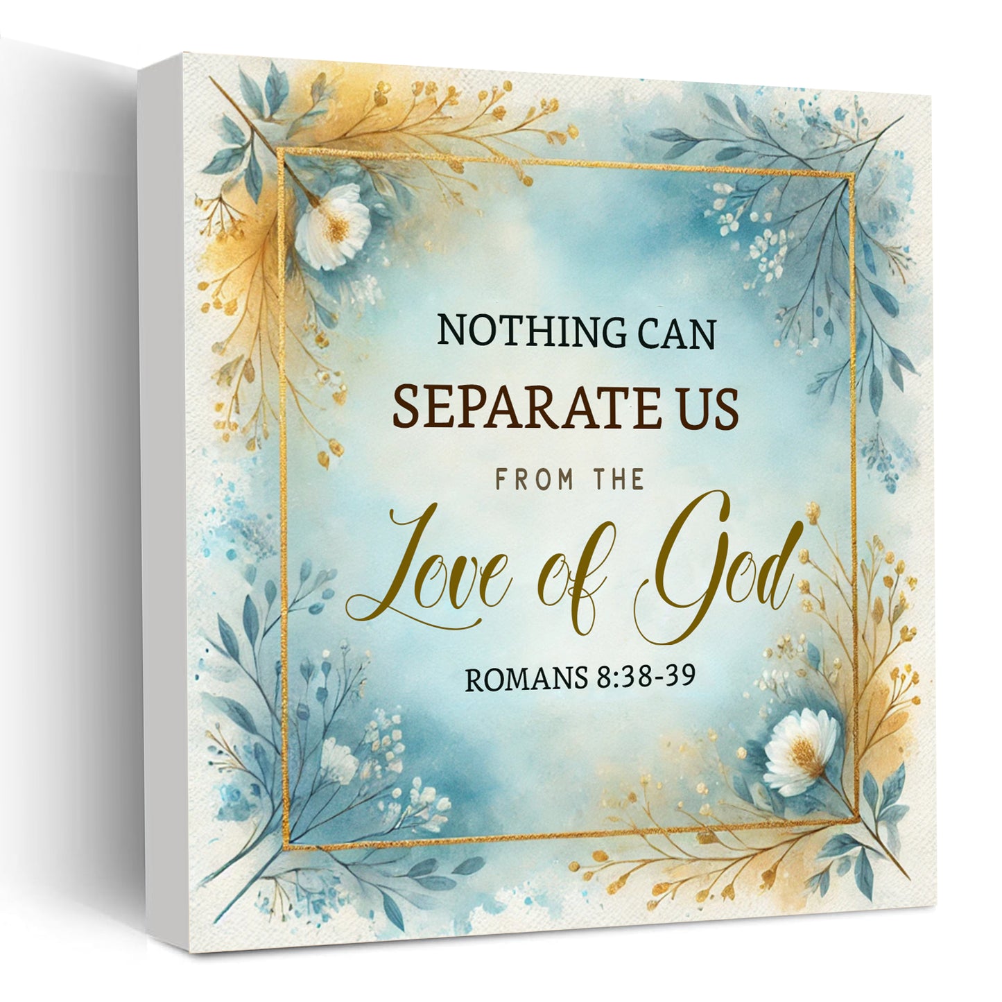 Christian wooden sign with Romans 8:38-39 Bible verse – “Nothing Can Separate Us from the Love of God” – blue and gold floral wall decor