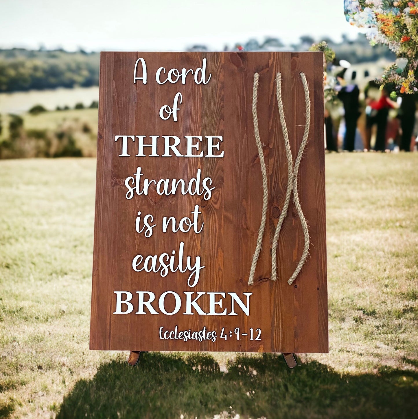 A cord of three rustic wooden wedding sign with Bible verse handmade