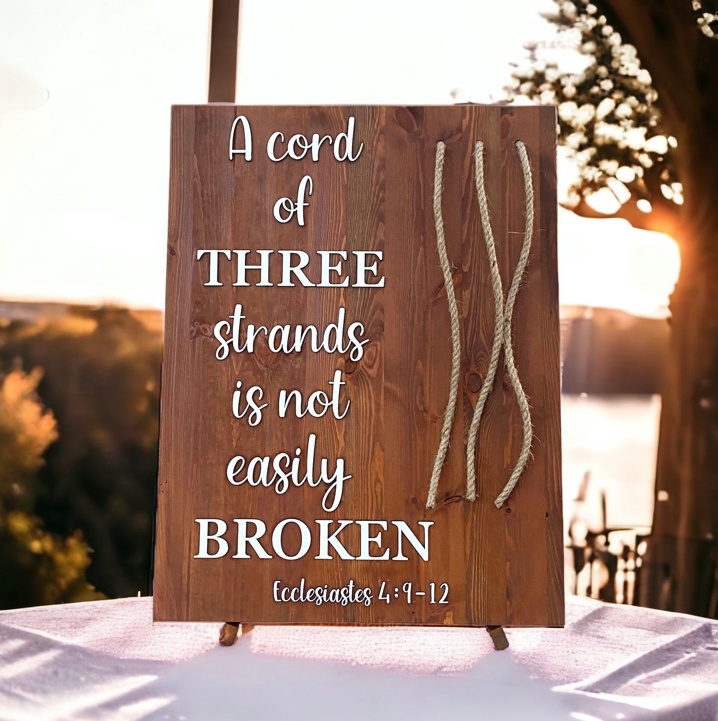 a cord of three Rustic wooden wedding sign with Bible verse