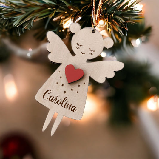 Wooden Angel Girl Christmas Ornament with Name Engraved - Free Shipping