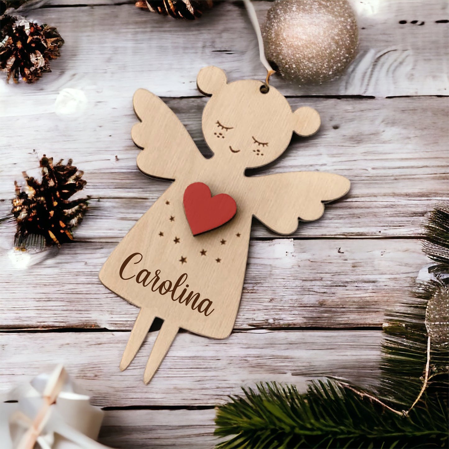 Wooden Angel Girl Christmas Ornament with Name Engraved - Free Shipping