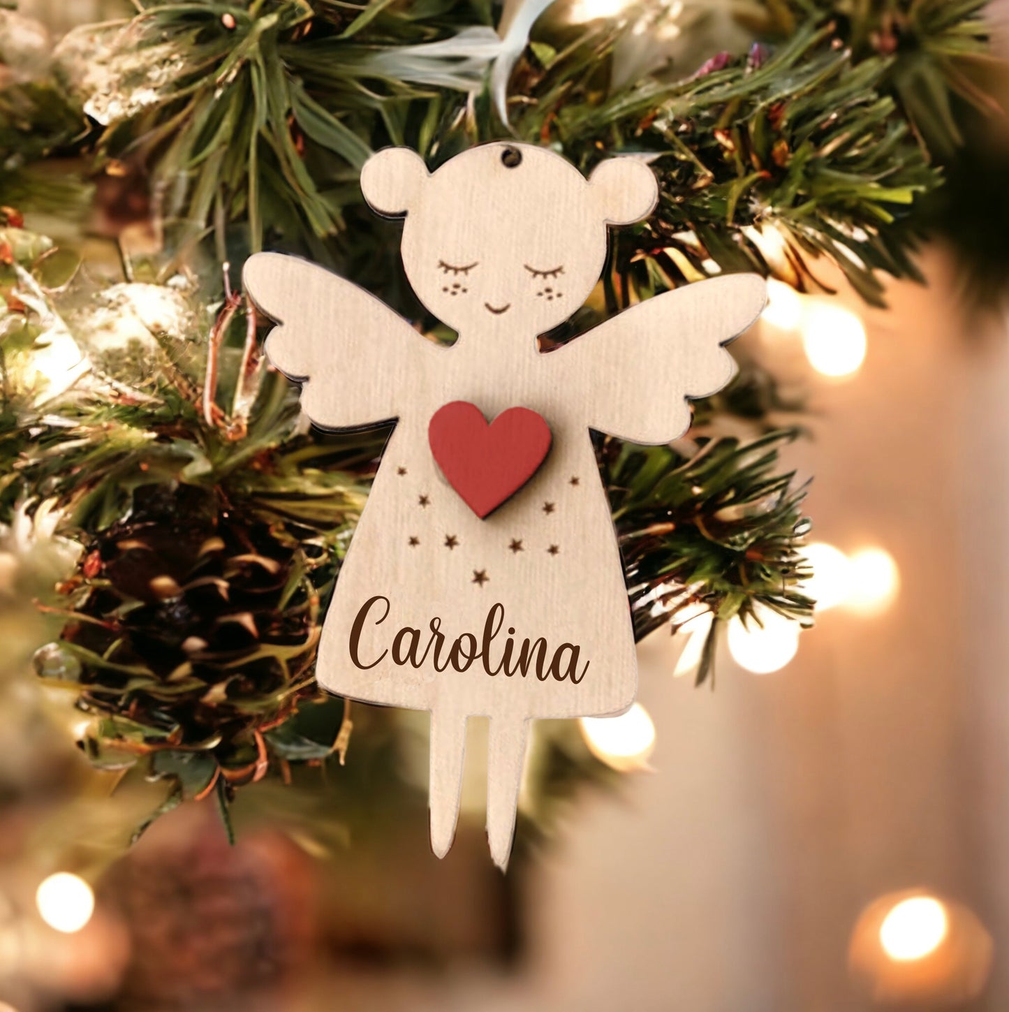 Wooden Angel Girl Christmas Ornament with Name Engraved