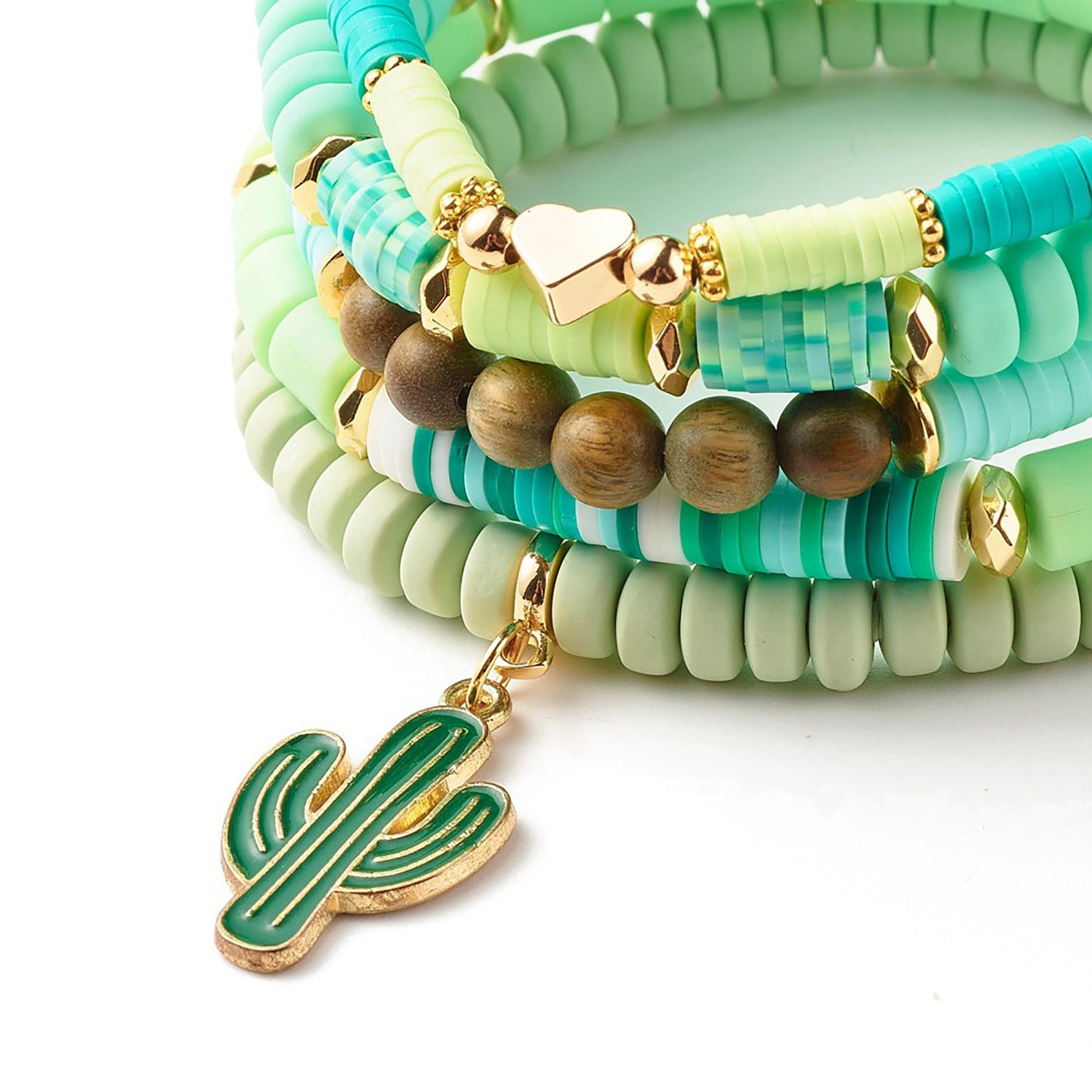 Beaded Stretch Bracelet for Women Beach Jewelry - Set of 5 Bracelets with Cactus charm