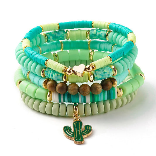 Beaded Stretch Bracelet for Women Beach Jewelry - Set of 5 Bracelets with Cactus charm