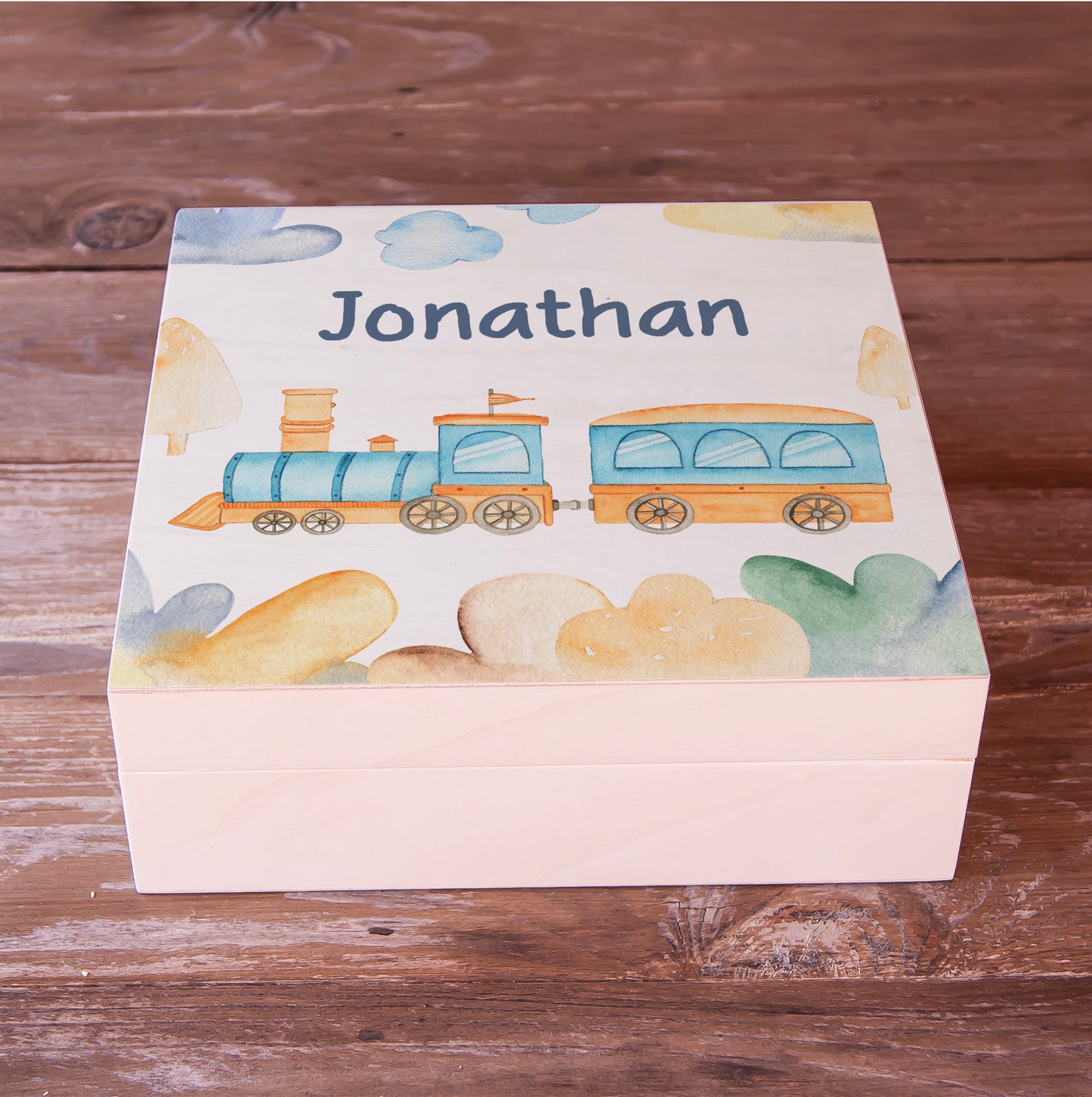 Custom Wooden Memory Box Personalized Gift - Trains Themed