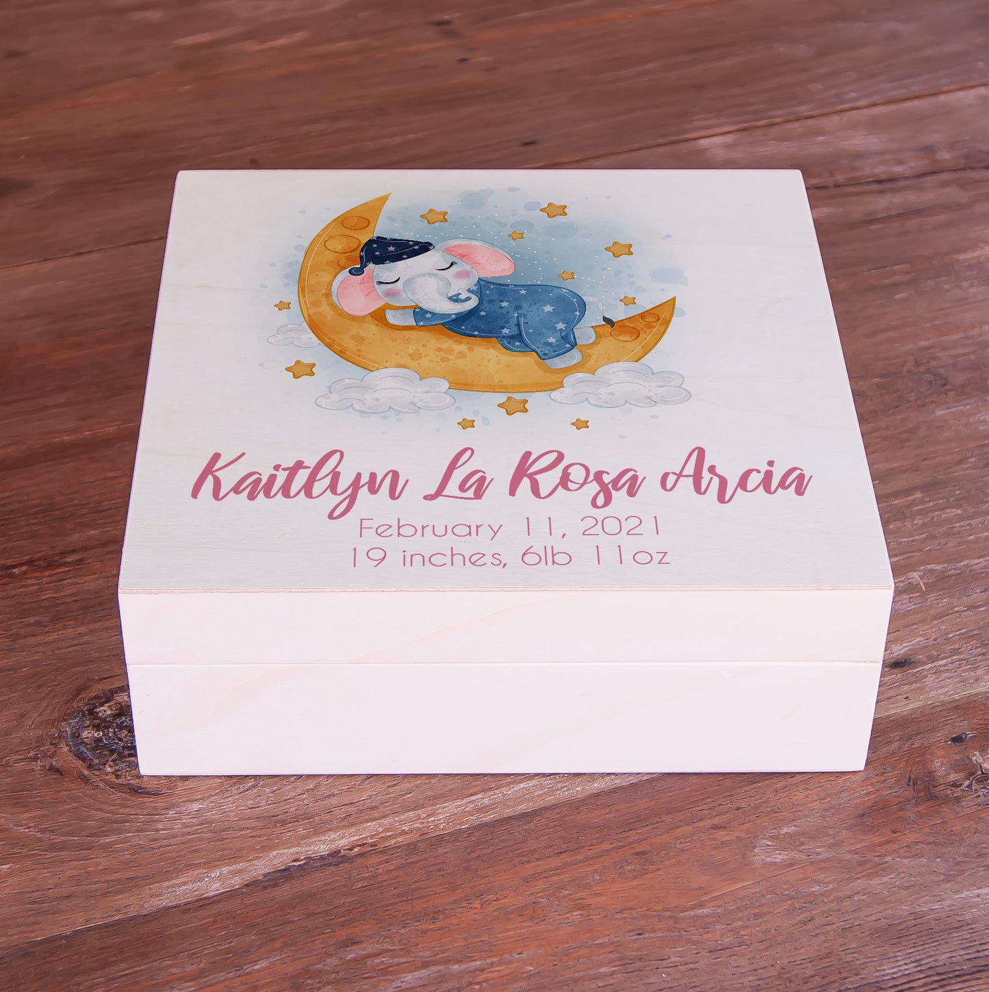 Custom Wooden Memory Box for Girl or Boy - Personalized Baby Gift - Elephant Themed
