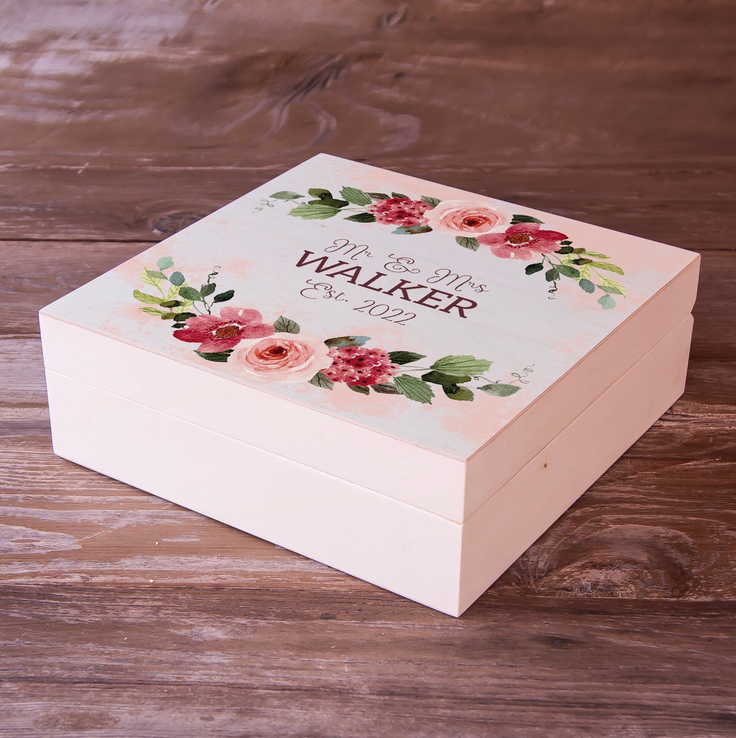 Unique Wedding Gift for Couple Personalized Keepsake Box - Floral Wreath Theme