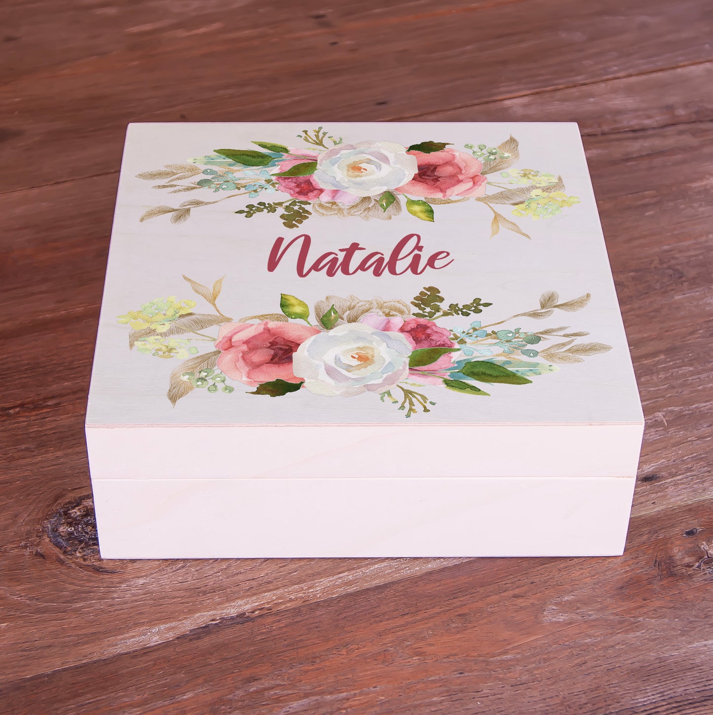 Custom Wooden Memory Box for Baby Girl - Personalized Baby Name Gift - Floral Wreath Themed