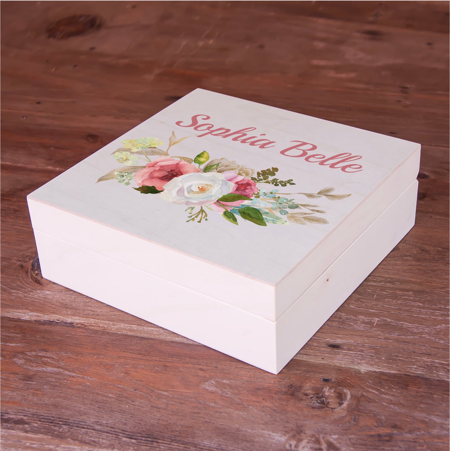 Wooden Memory Box for Baby Girl - Personalized Baby Name Gift - Floral Wreath Themed