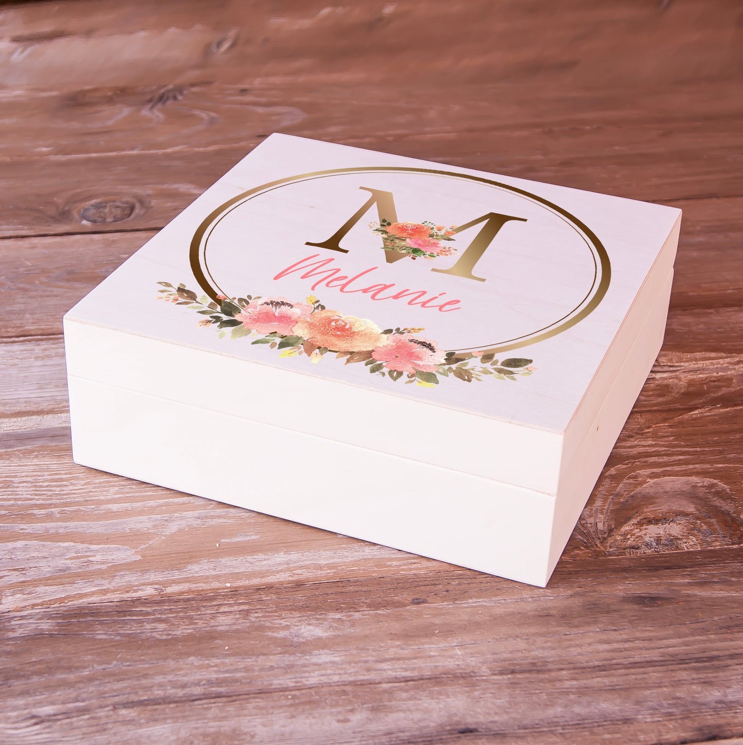 Custom Monogram Wooden Memory Box for Baby Girl - Floral Wreath Themed