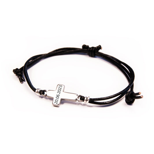 Leather Bracelet with Silver Sideways Cross - Personalized Baptism Gift