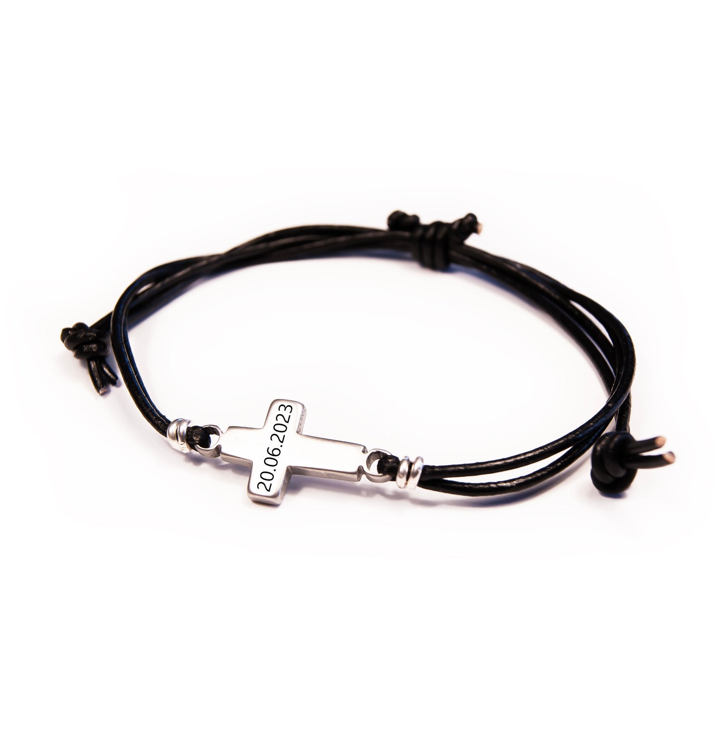 Personalized baptism gift – black leather bracelet with sideways cross