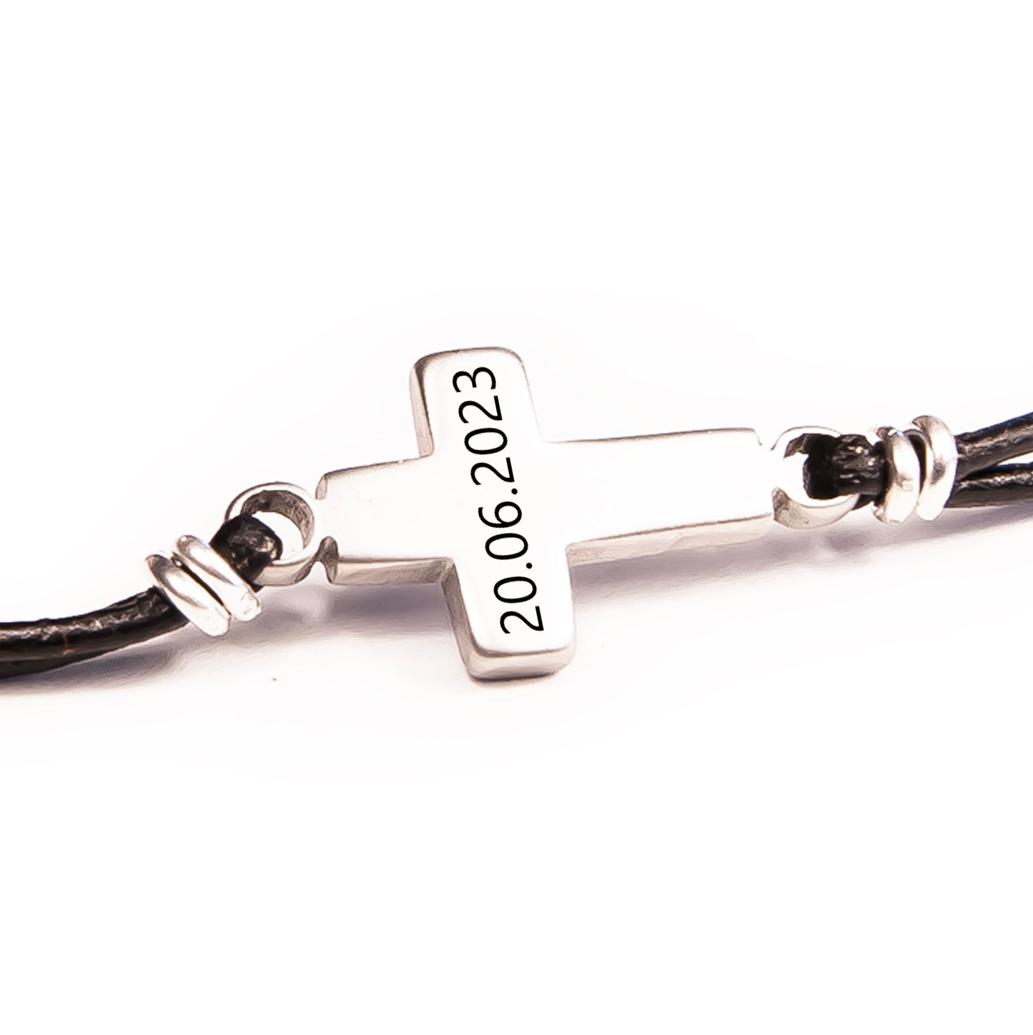 Black cord bracelet with engraved Jesus cross – faith jewelry for everyday wear