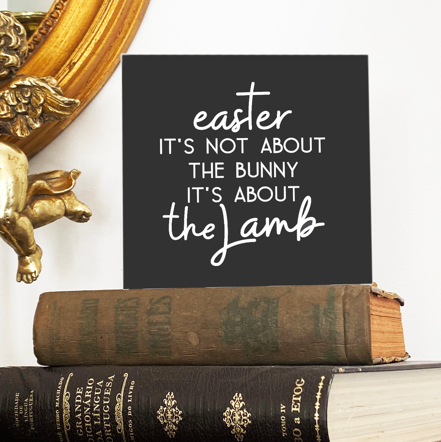 Easter It's About the Lamb – Small Christian Wood Sign 15cm x 15cm – Resurrection Decor