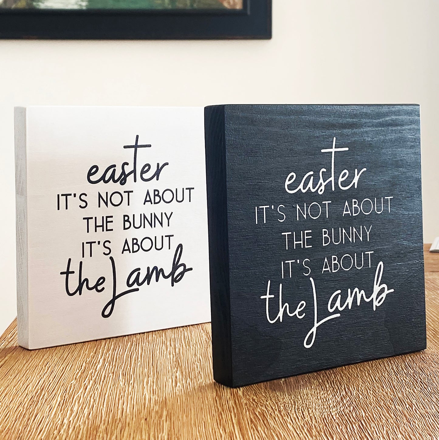 Easter It's About the Lamb – Small Christian Wood Sign 15cm x 15cm – Resurrection Decor
