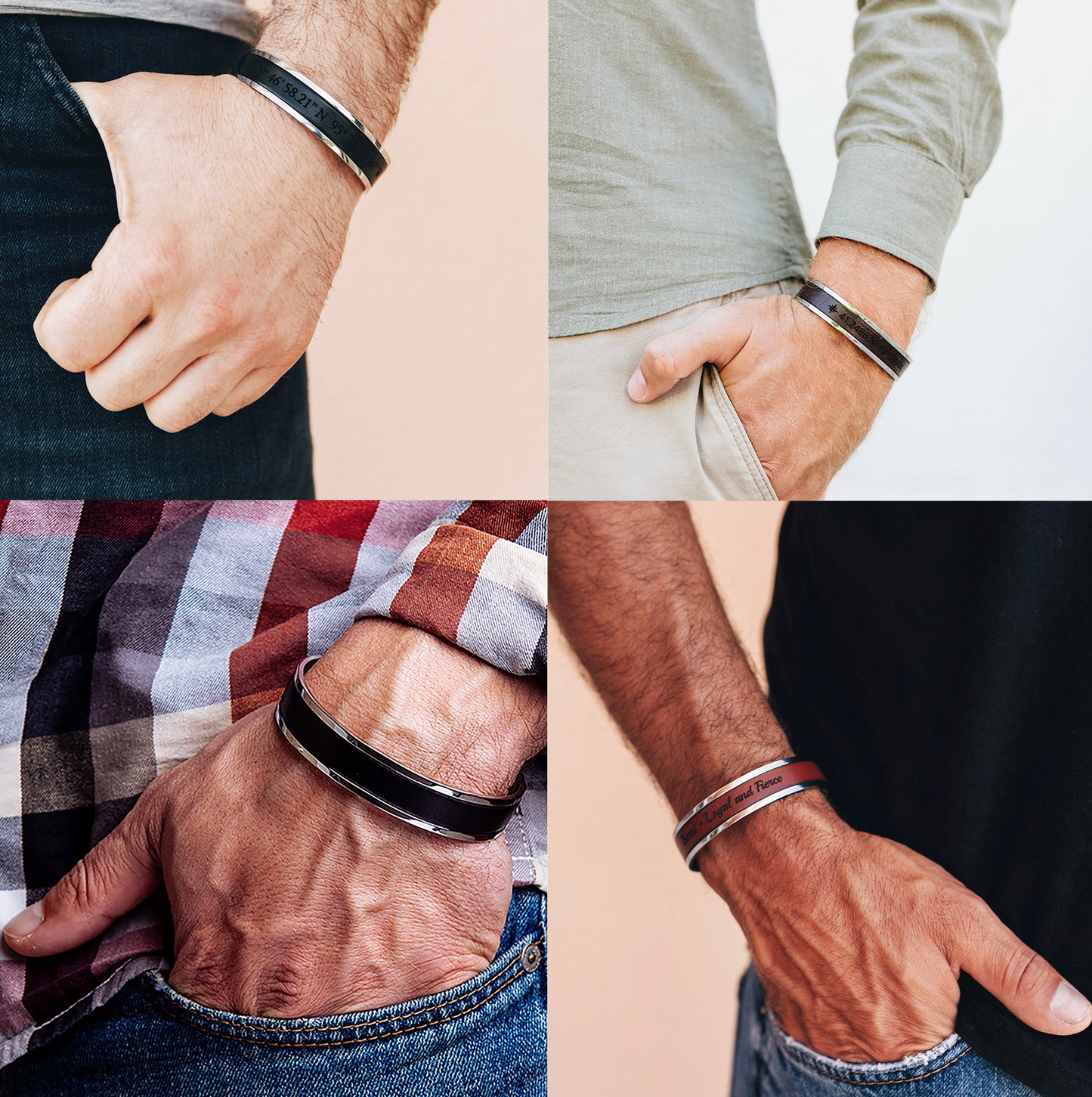 Personalized Cuff Bracelet for Men Adjustable Stainless Steel and Genuine Leather