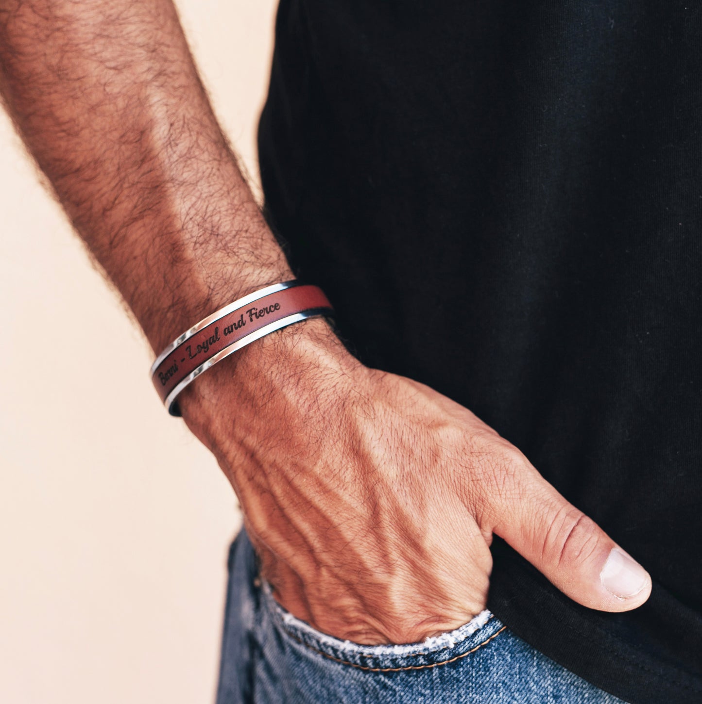 Personalized Cuff Bracelet for Men Adjustable Stainless Steel and Genuine Leather