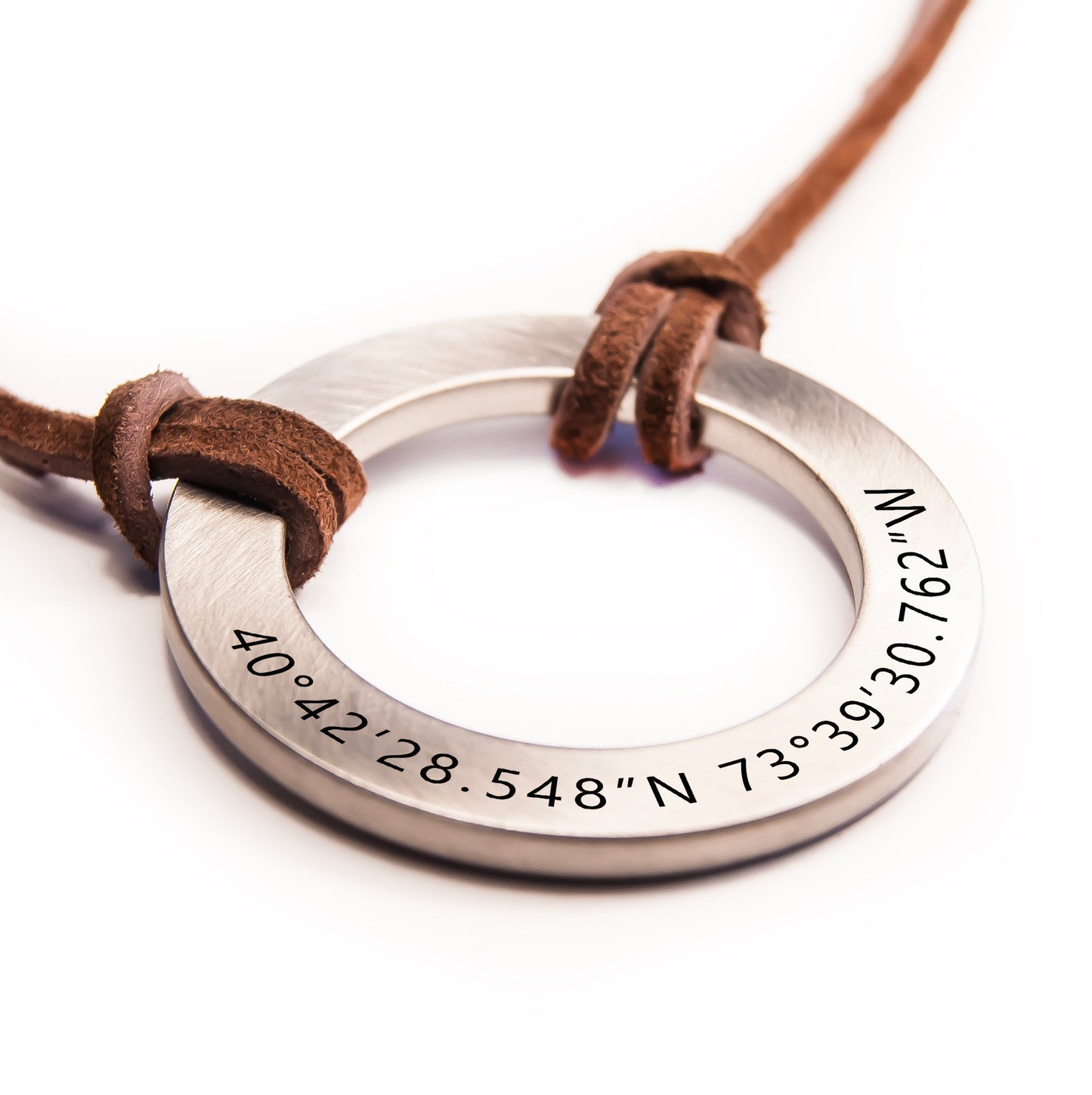 Leather Necklace for Men with Engraved Large Circle Washer Pendant - Personalized Gift for Him
