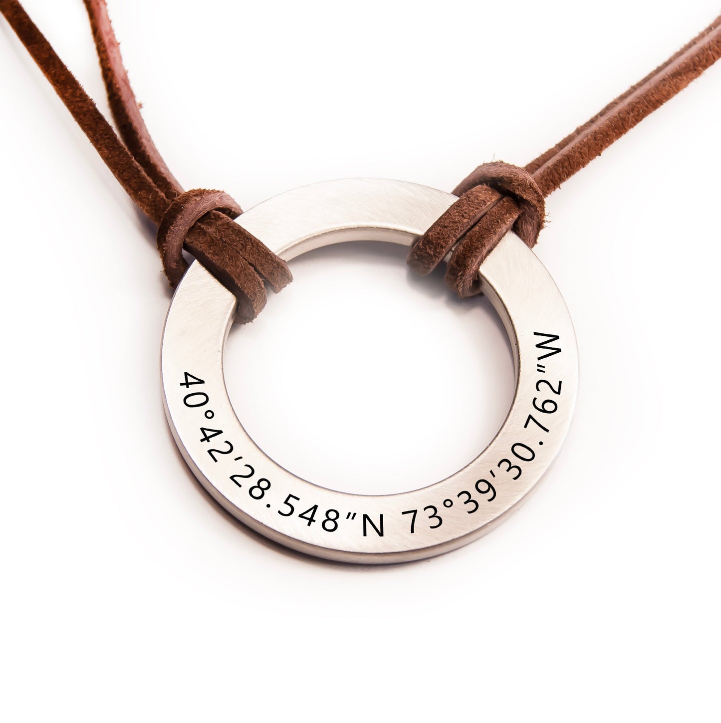 Leather Necklace for Men with Engraved Large Circle Washer Pendant - Personalized Gift for Him