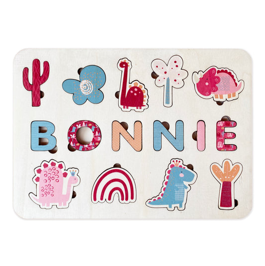Custom Kids Name Puzzle Personalized Gift for Girl - Dino and Flower Themed
