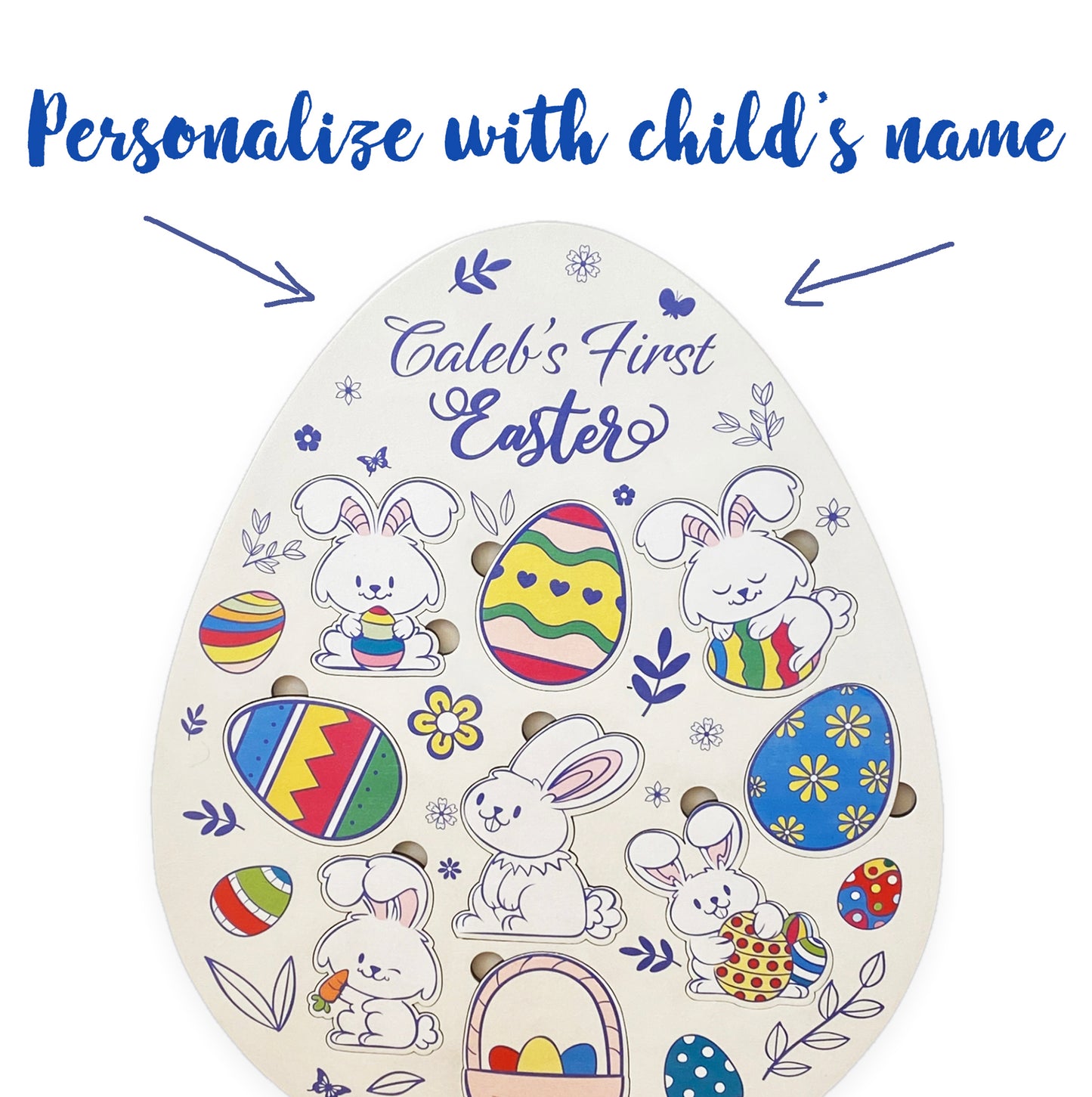 Personalized Wooden Puzzle Easter Themed with Bunnies and Eggs - First Easter Gift for Boys or Girls
