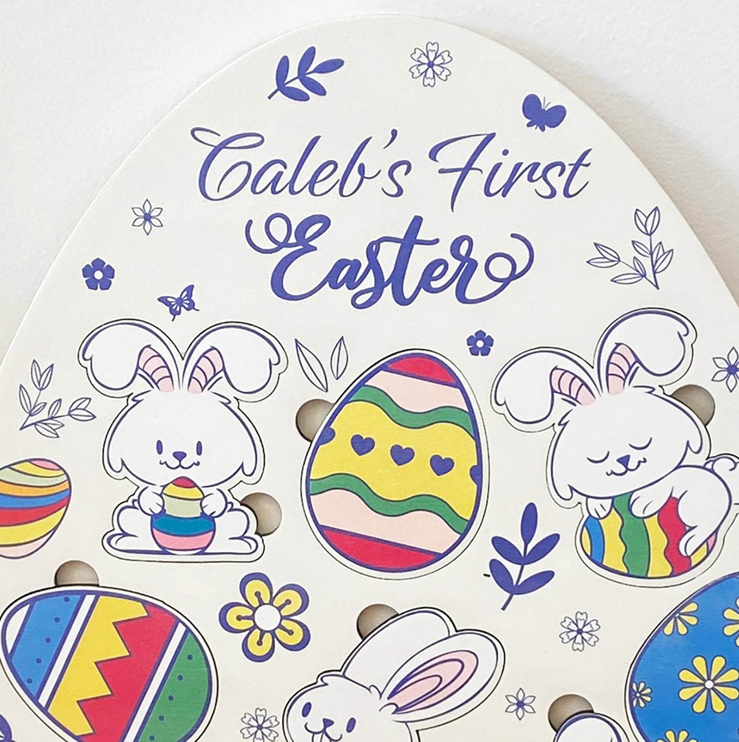 Personalized Wooden Puzzle Easter Themed with Bunnies and Eggs - First Easter Gift for Boys or Girls