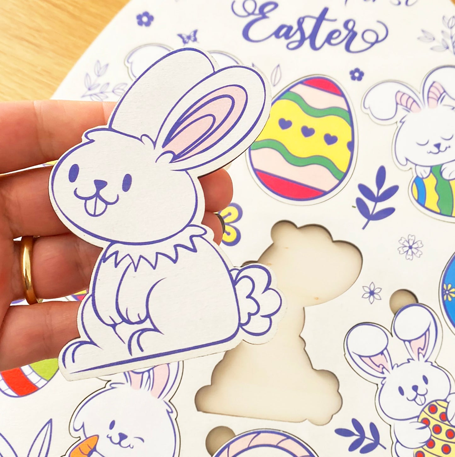 Personalized Wooden Puzzle Easter Themed with Bunnies and Eggs - First Easter Gift for Boys or Girls