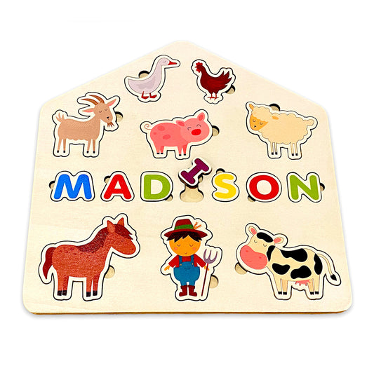 Wooden Name Puzzle Personalized Learning Toy - Farm Animals Theme