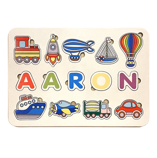 Custom Name Puzzle with Cars, Planes, Automobiles and Space Ship - First Birthday Gift for Boy or Girl