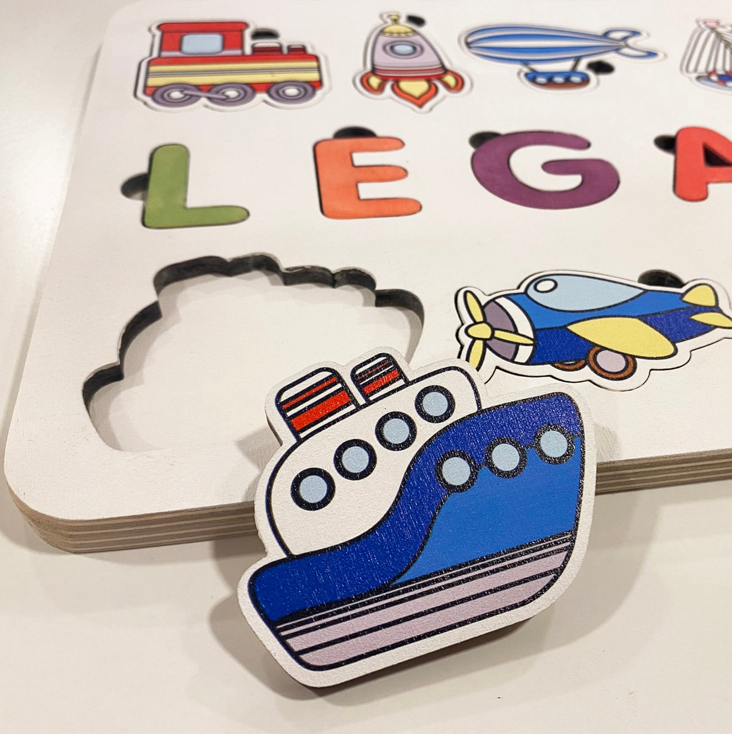 Custom Name Puzzle with Cars, Planes, Automobiles and Space Ship - First Birthday Gift for Boy or Girl