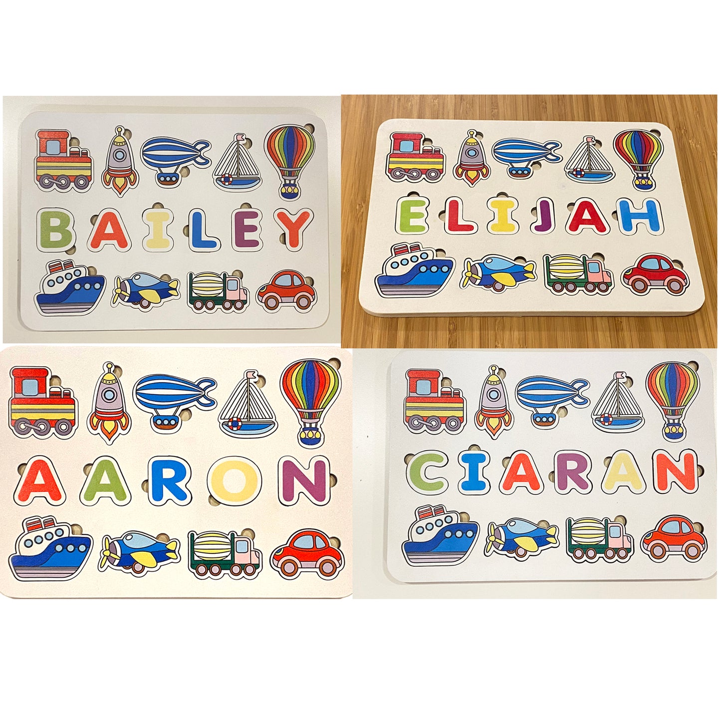 Custom Name Puzzle with Cars, Planes, Automobiles and Space Ship - First Birthday Gift for Boy or Girl