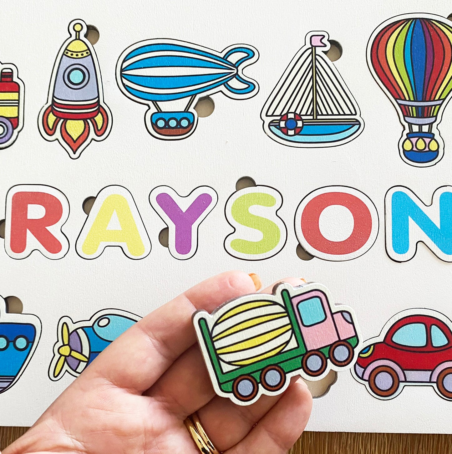 Custom Name Puzzle with Cars, Planes, Automobiles and Space Ship - First Birthday Gift for Boy or Girl