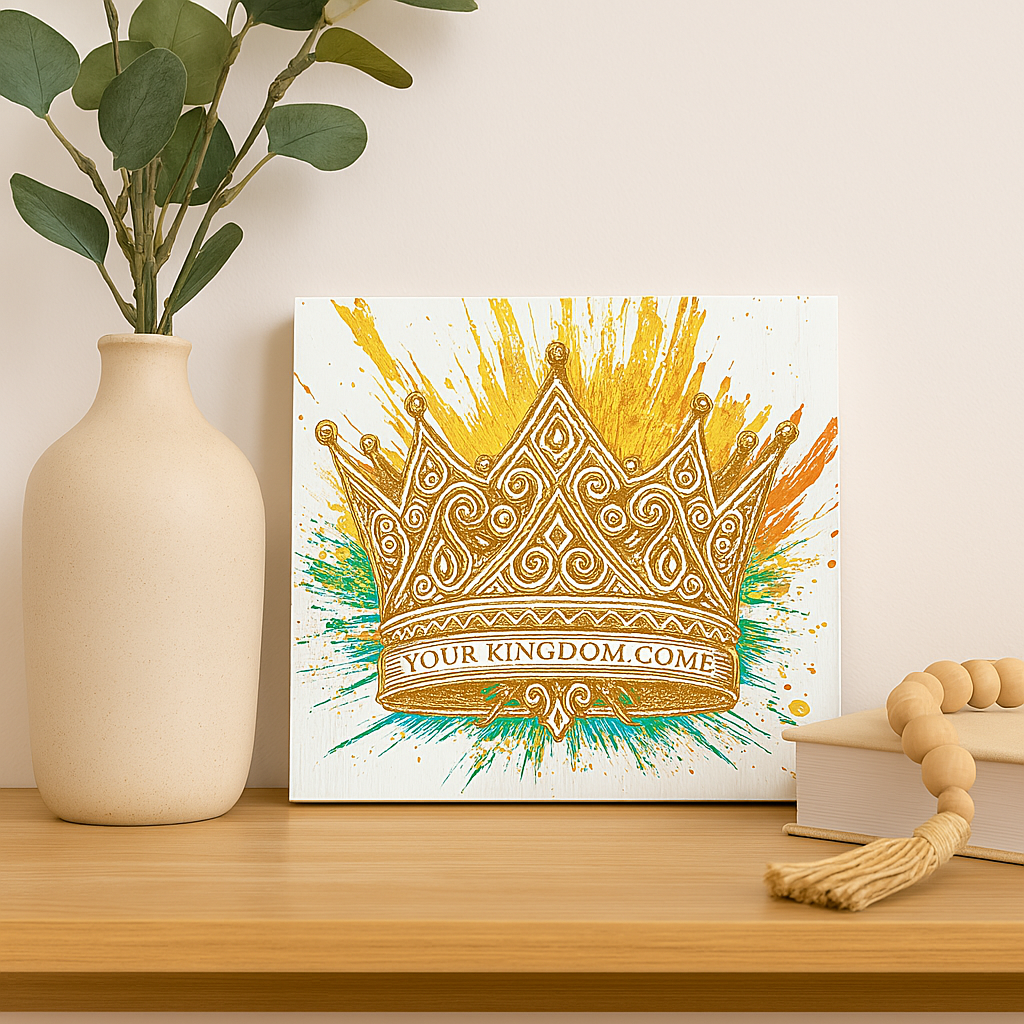 Small Christian wooden sign with gold crown and “Your Kingdom Come” message – vibrant color splash, perfect for desk or shelf