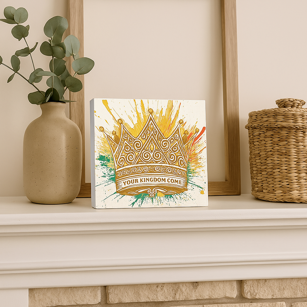 “Your Kingdom Come” Small Christian Wooden Sign – Gold Crown Bible Verse Decor for Desk or Shelf