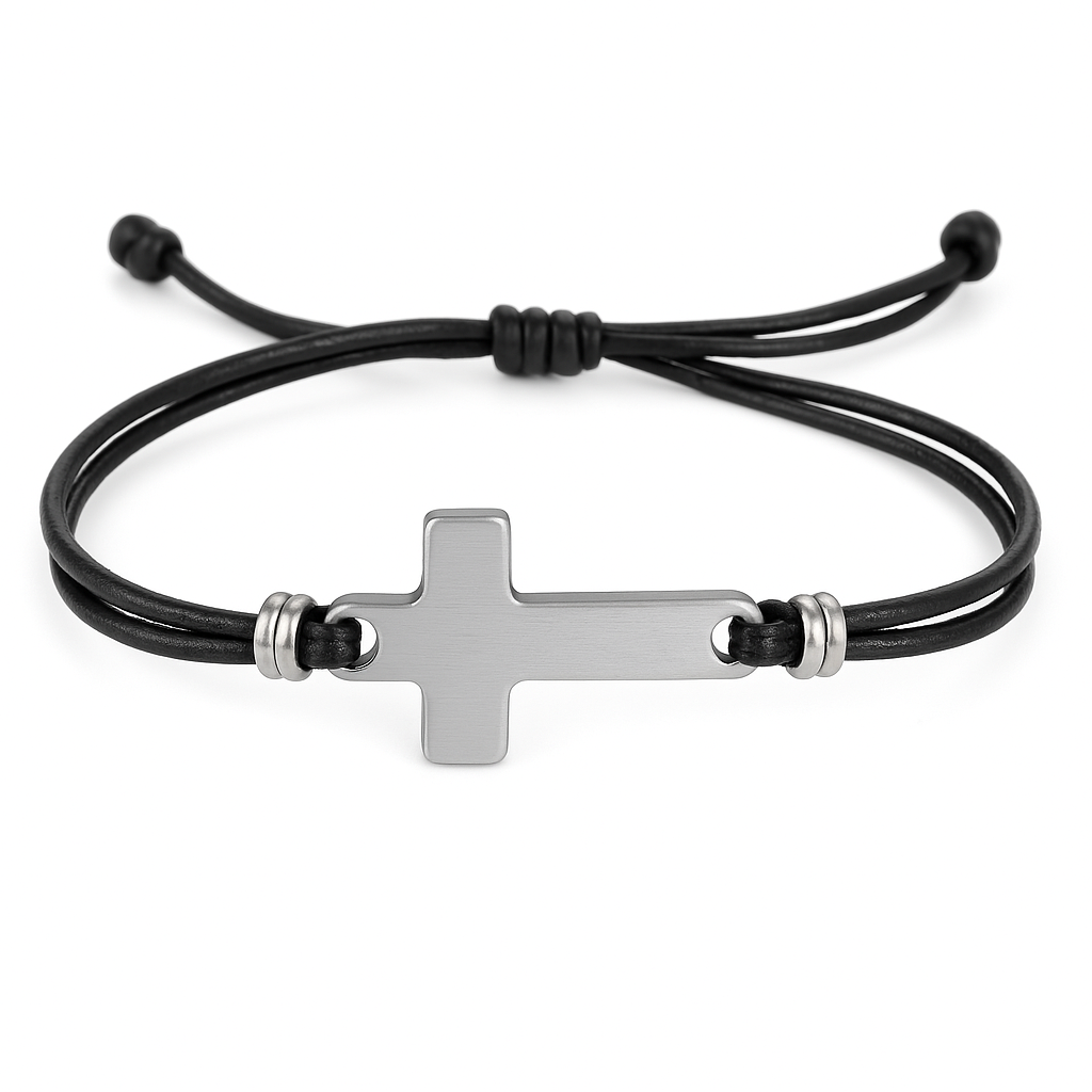 Adjustable black leather cord bracelet with stainless steel cross – unisex Christian gift