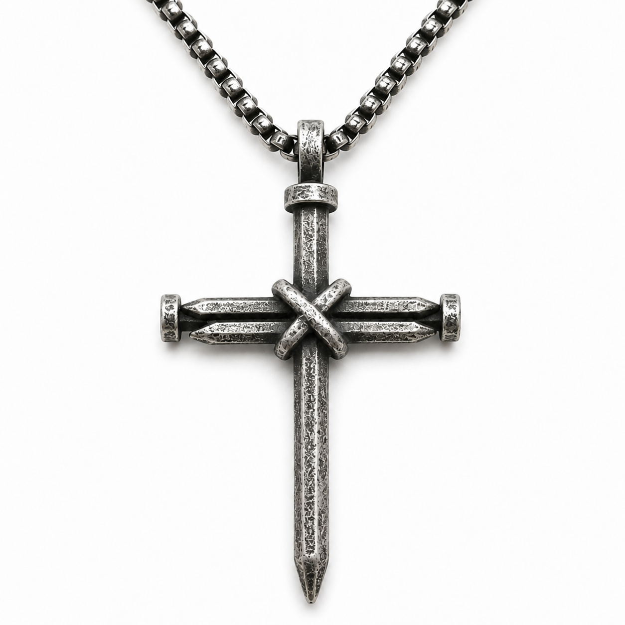 3 Nail Cross Necklace for Men, Handmade Christian Pendant on Brown Leather Cord