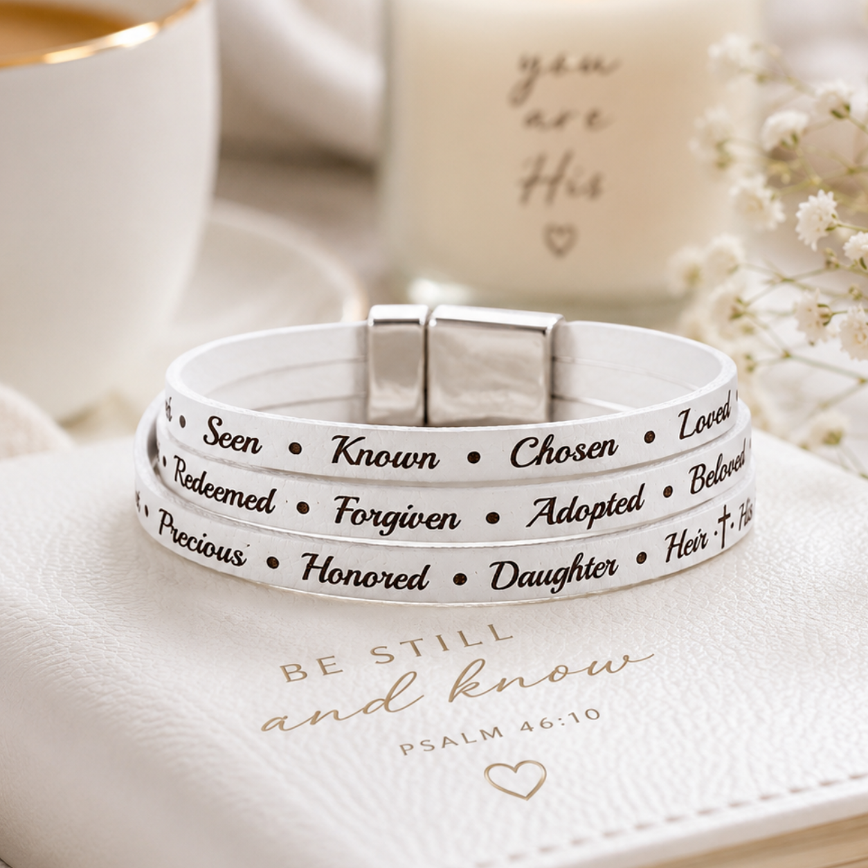 A white wrap leather bracelet with silver metal clasp and black engraved words of affirmation, styled on an open white book with a candle and coffee cup in the background.