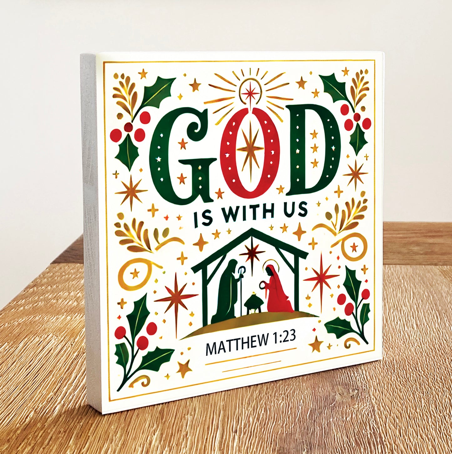 God is with us Matt. 1:23 - Decorative Wooden Block With Bible Verses - Faith-Inspired Home Decor