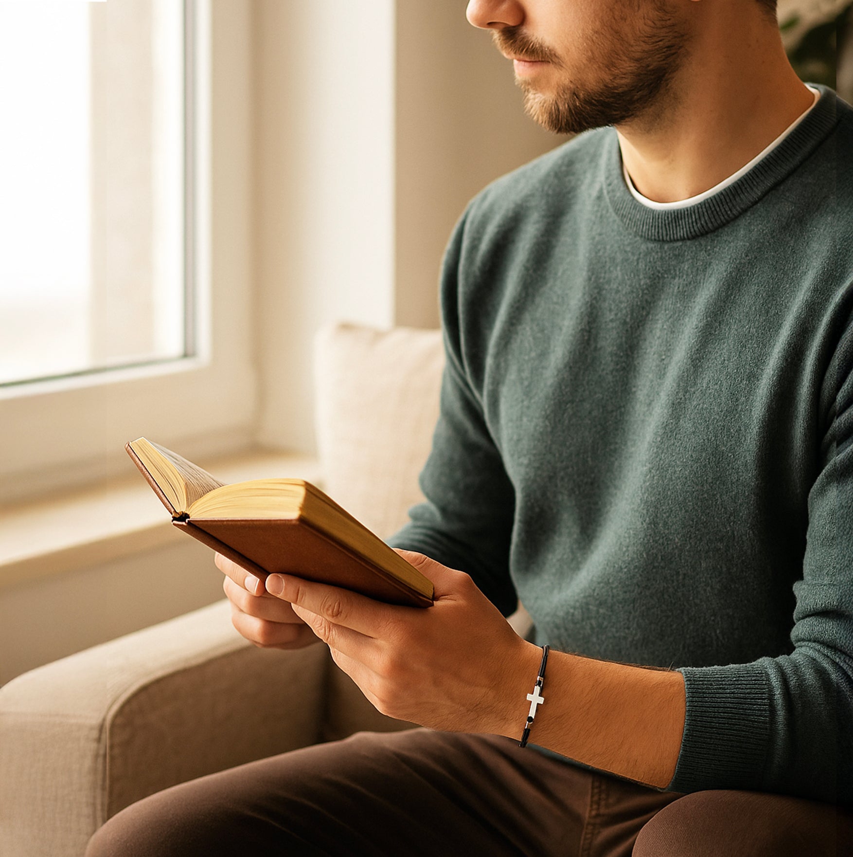Man wearing black cross bracelet – minimal Christian jewelry for men, faith and style combined