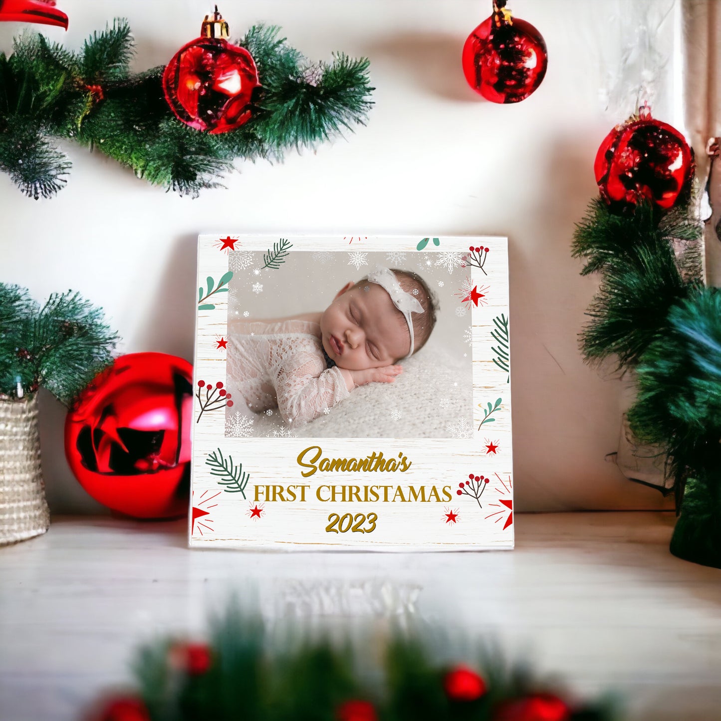 Placa de madeira personalizada Meu primeiro Natal com foto de bebê - presente exclusivo