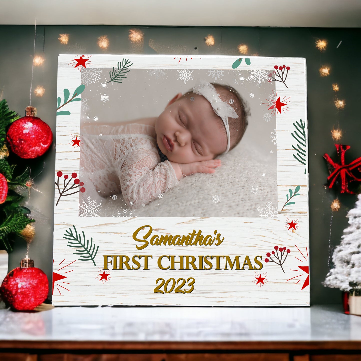 My First Christmas Personalized Wooden Sign with Baby Photo - Unique Gift