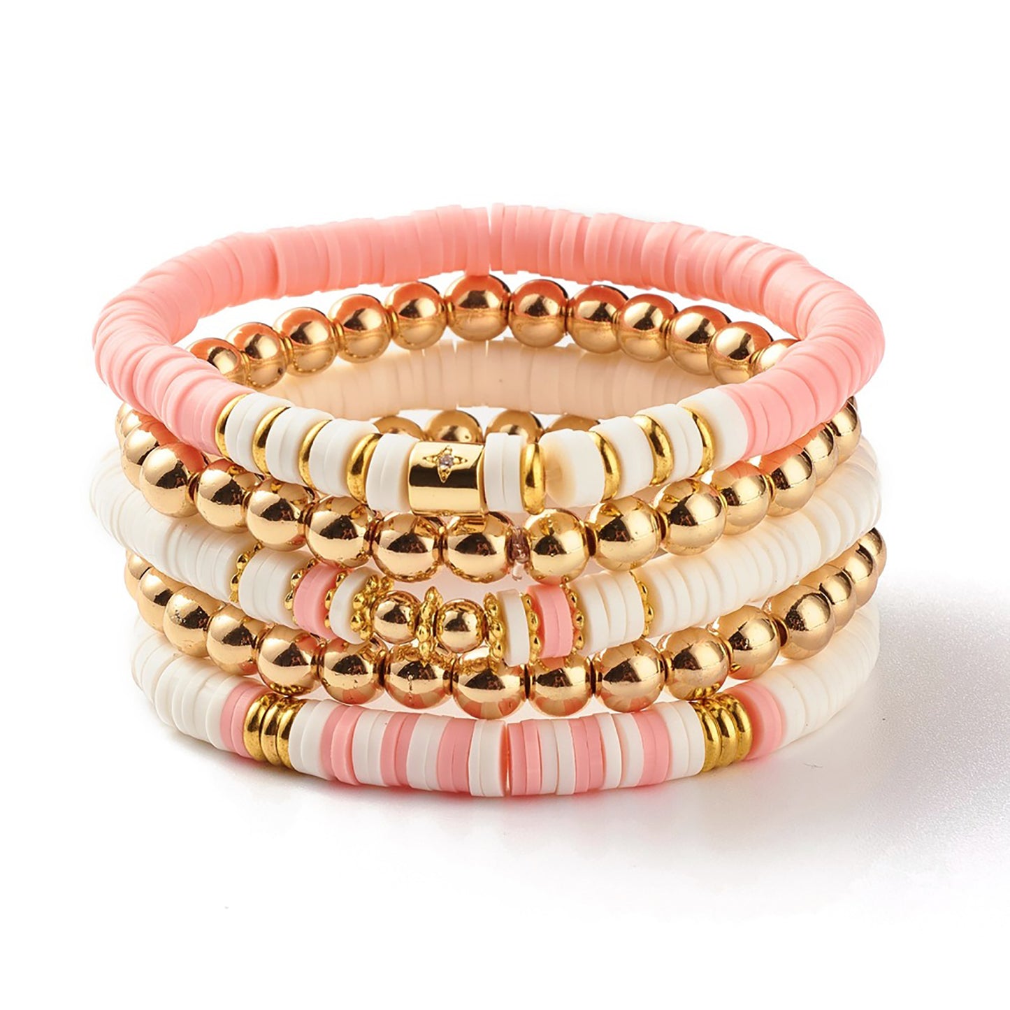 Pulseiras elásticas com miçangas brancas e rosa para mulheres - pilha de 5 pulseiras 